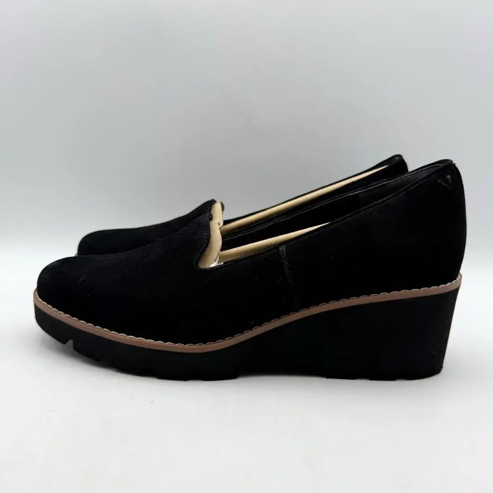 VIONIC Womens Willa Wedge Loafers US 9 EU 40 Black Suede Slip On EUC